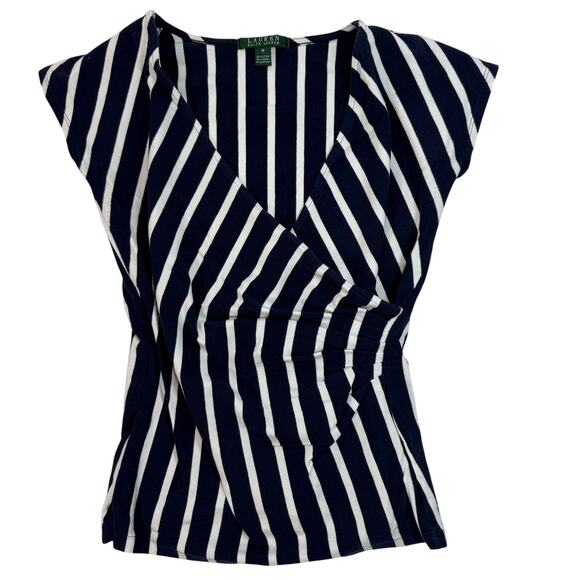 Ralph Lauren Women’s Blue Striped Cap Sleeve Stretch Top Size M 28” Chest - Picture 2 of 4